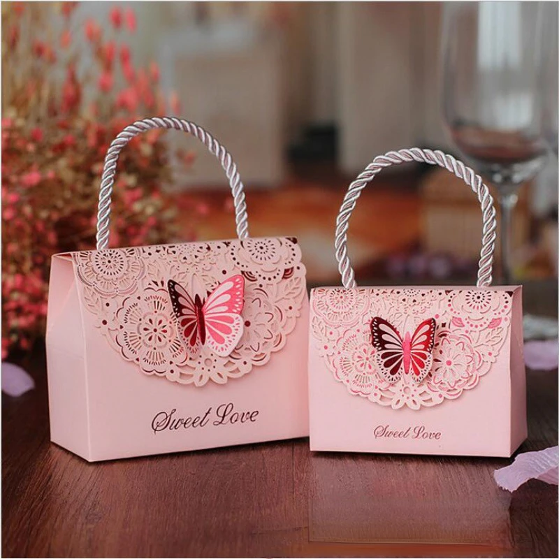 20Pcs/lot Cutout Butterfly Wedding Pink Blue Candy Box Chocolate Party Gift Bag Wedding Gift Packaging Box with Handle Wholesale