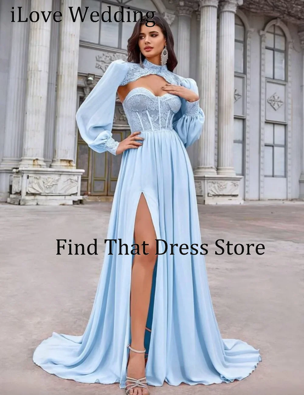 

Custom Made Sweetheart Collar Lace Chiffon Evening Dress A-line Side Slit Backless Floor Length Prom Party Dress with Train
