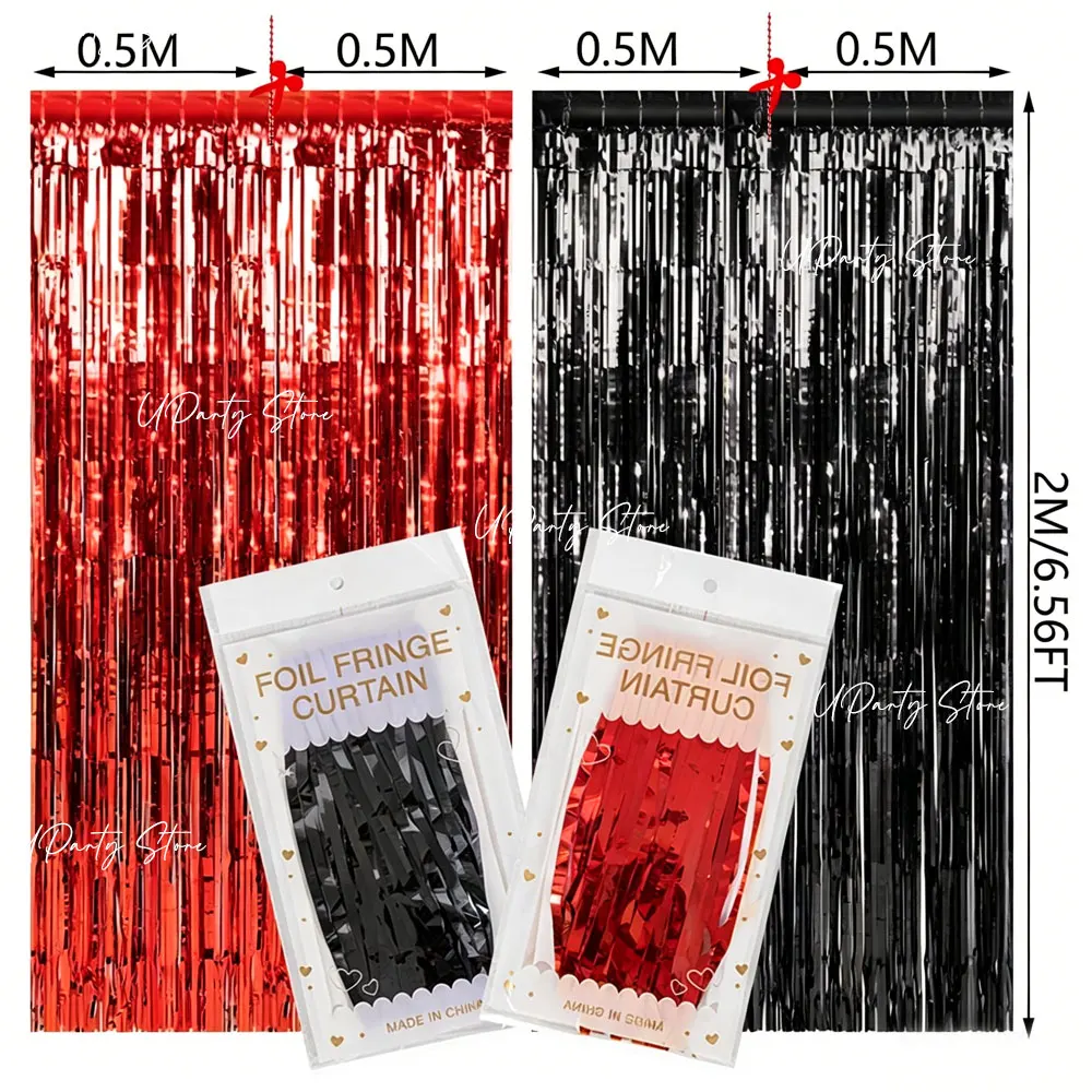2 Packungen Rot-Schwarze Folien-Fransenvorhänge 6,56 Fuß Schwarzer Lametta-Hintergrund Schimmernder Vorhang für Geburtstags-, Babyparty- und Rennwagen-Partydekoration – Detail 2