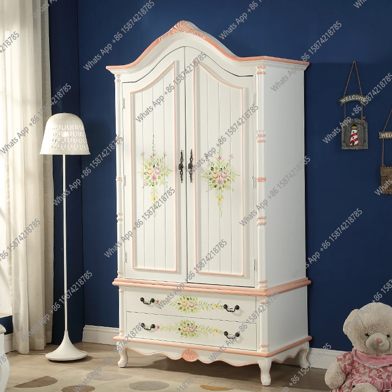 

solid wood wardrobe Mediterranean style painted large wardrobe pastoral style double door retro small apartment large wardrobe