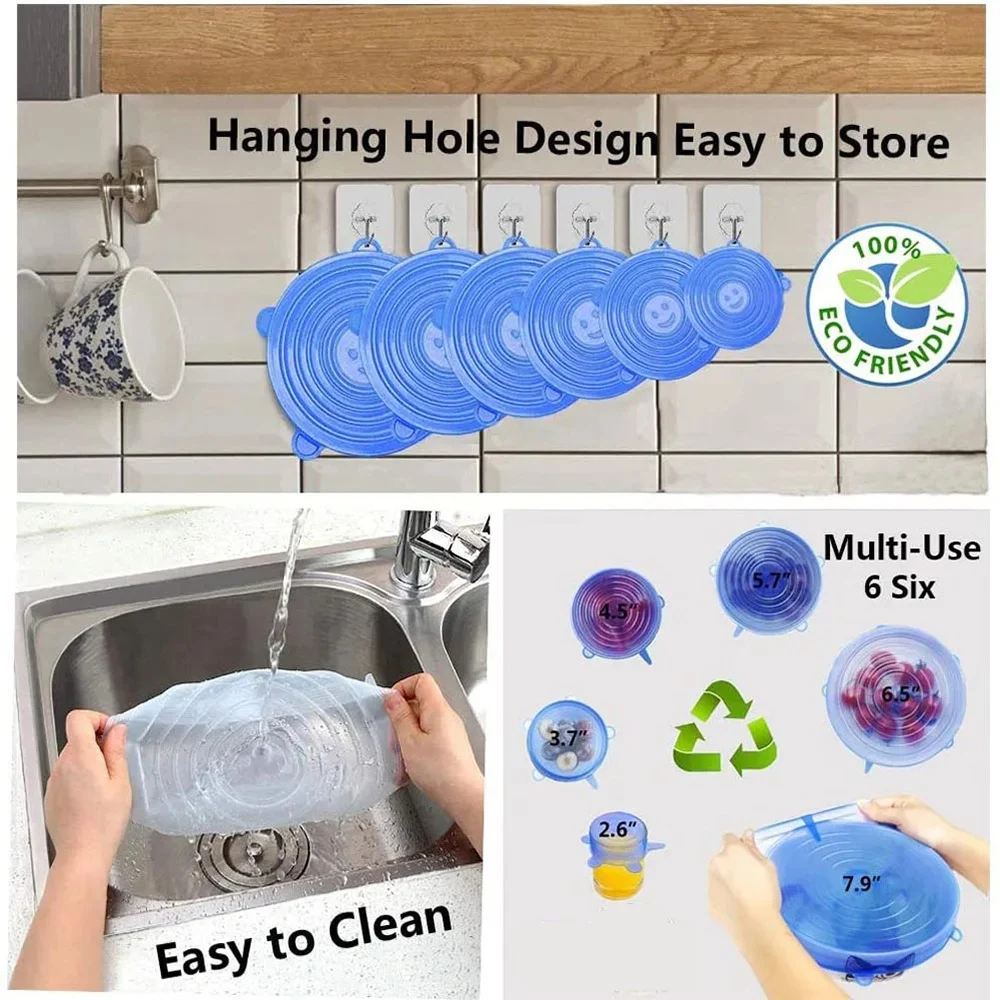 

6PCS Useful Reusable Fresh-keeping Cover Kitchen Gadgets Stretch Silicone Lids Non-slip Microwave Lid
