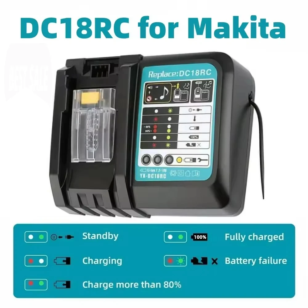 

DC18RC Batteries Charger For Makita 14.4V 18V BL1830，Bl1430，DC18RF，BL1815，LXT400，BCl180W，DC18RD，DC18RE，DC18SF，BL1860