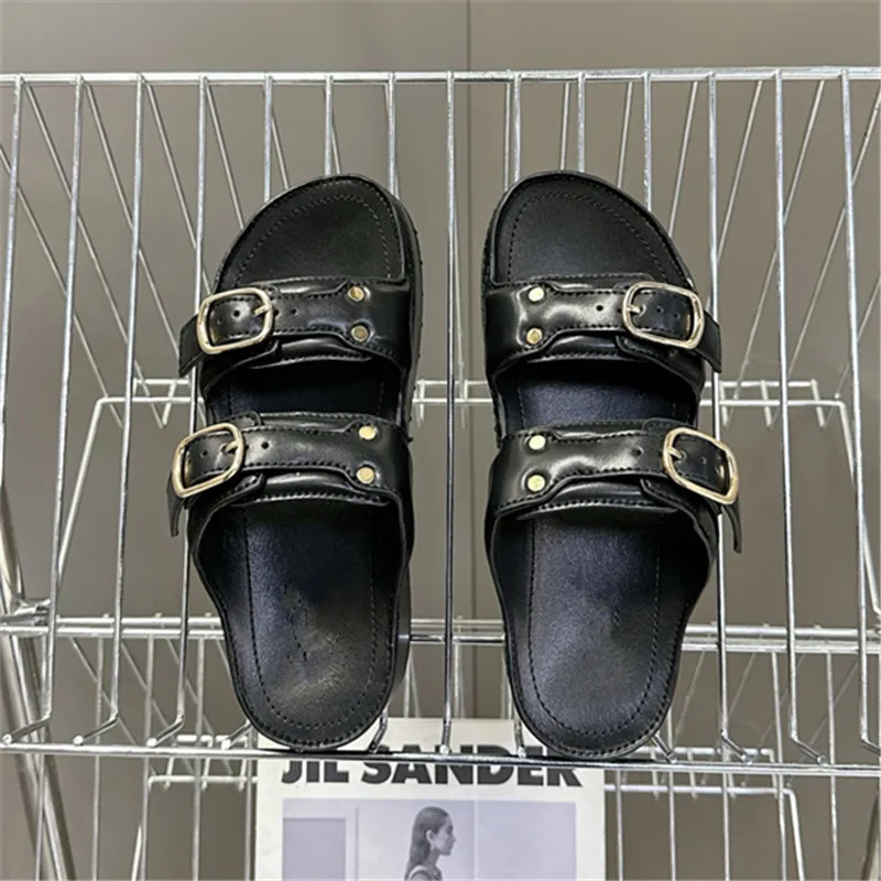 

Тапочки на заказ, лето 2023, натуральная кожа, круглый носок, толстая подошва, увеличивающий рост, ремень, универсальная мода, одно слово, открытый-