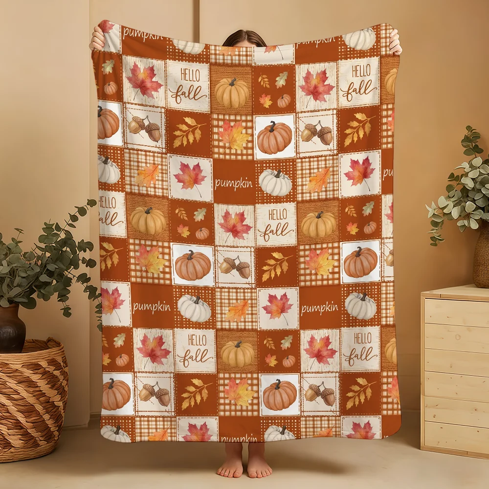 Thanksgiving Autumn Harvest Patchwork Blanket Printed Flannel Soft Warm Cozy All-Season Nap Bed Sofa Travel Gift Adults Kids