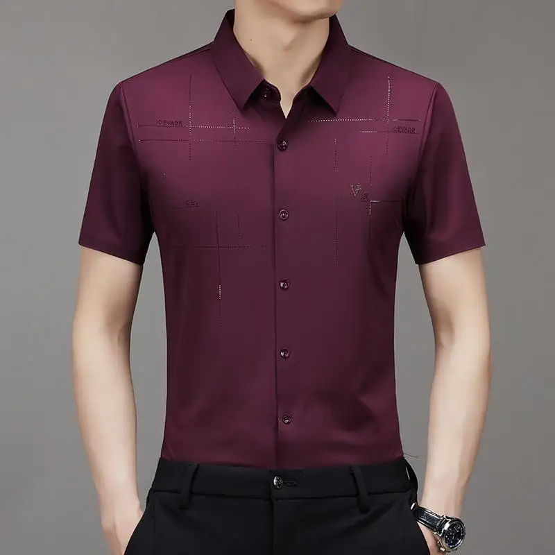 Men\'s Shirt Ice Silk Business Casual Shirt 2023 Summer New Men\'s Short Sleeve Shirt Scarless Shirt