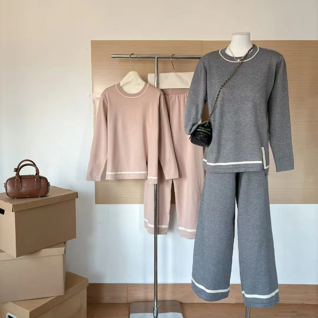 Elegant Two Piece Set Women Outfit 2024 Matching Set New Products Winter Knitwear Long Sleeve Top Pullover Wide Leg Pant Sets