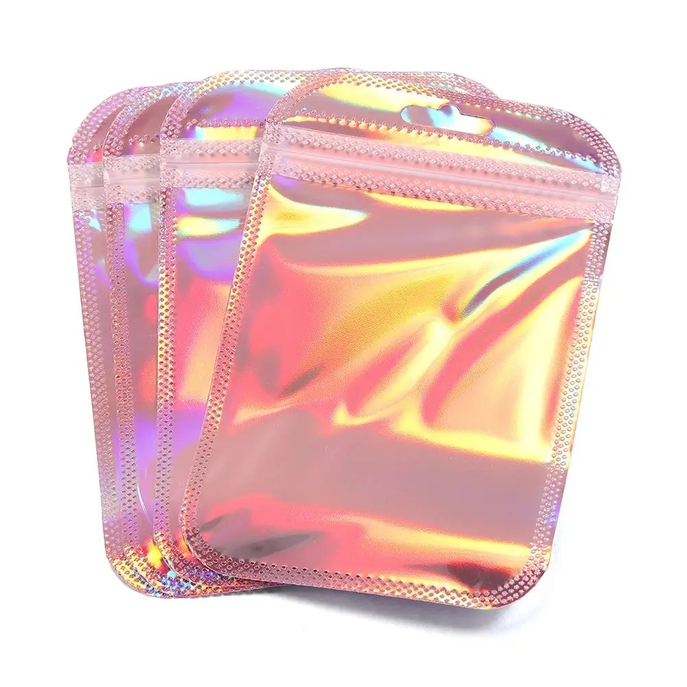 50pcs 8.5x13cm Pink Zipper Bag Thicken Transparent Laser Plastic Bag Sealing Pouches for Jewelry Display Nail Cosmetic Packaging