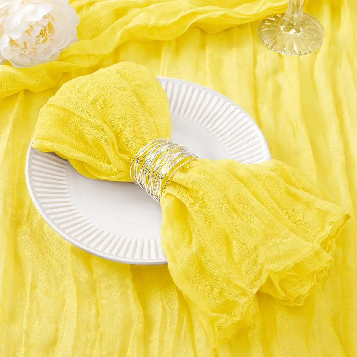 6pcs 50x50cm Cheesecloth Dinner Napkins Lemon Yellow Cotton Gauze Bulk Wrinkled Rustic Decor for Weddings Bridal Baby Showers
