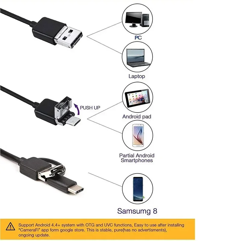 Câmera Endoscópio USB HD, 1080P com Tipo C, Micro USB, Endoscópio de Inspeção Snap, Lente 8.0mm, 8 LEDs para Android, PC