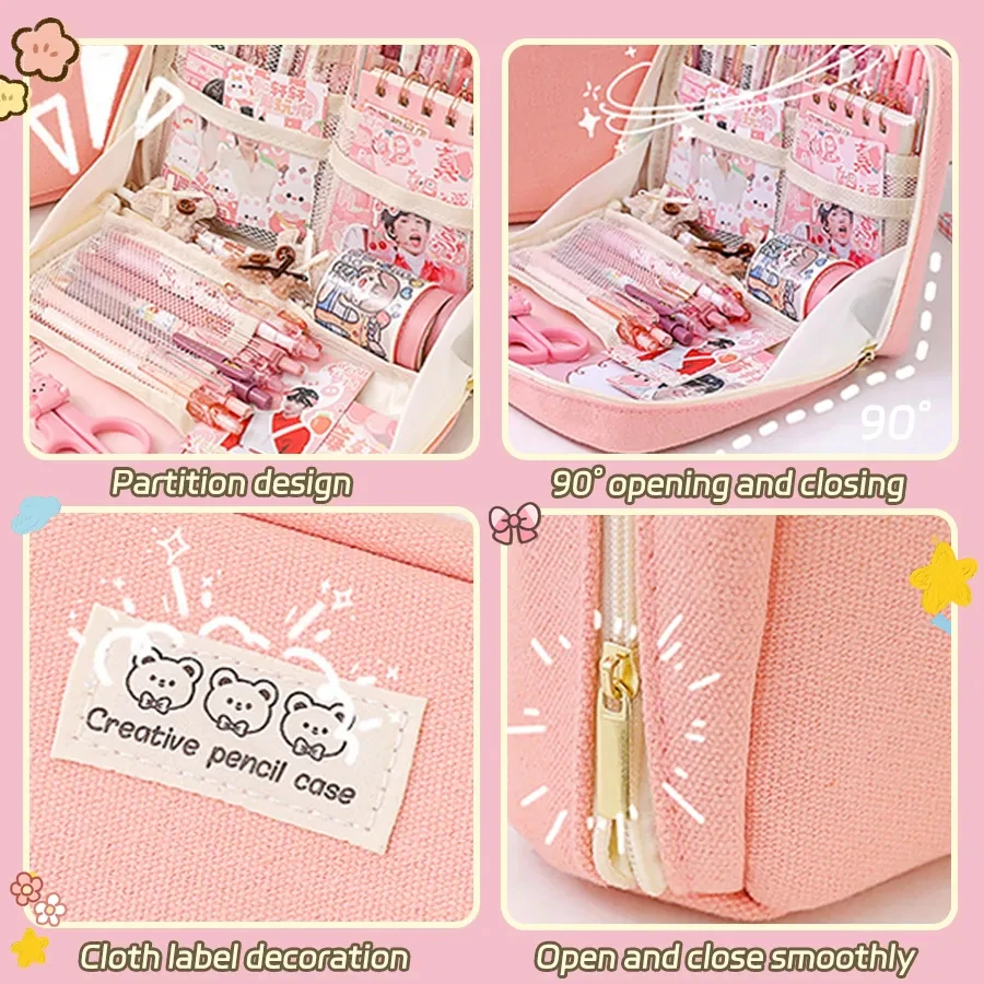 Large Capacity Pencil Bag Aesthetic School Girls Pink Canvas Pencil Box Stationery Pen Case Zipper Pencil Pouch School Supplies