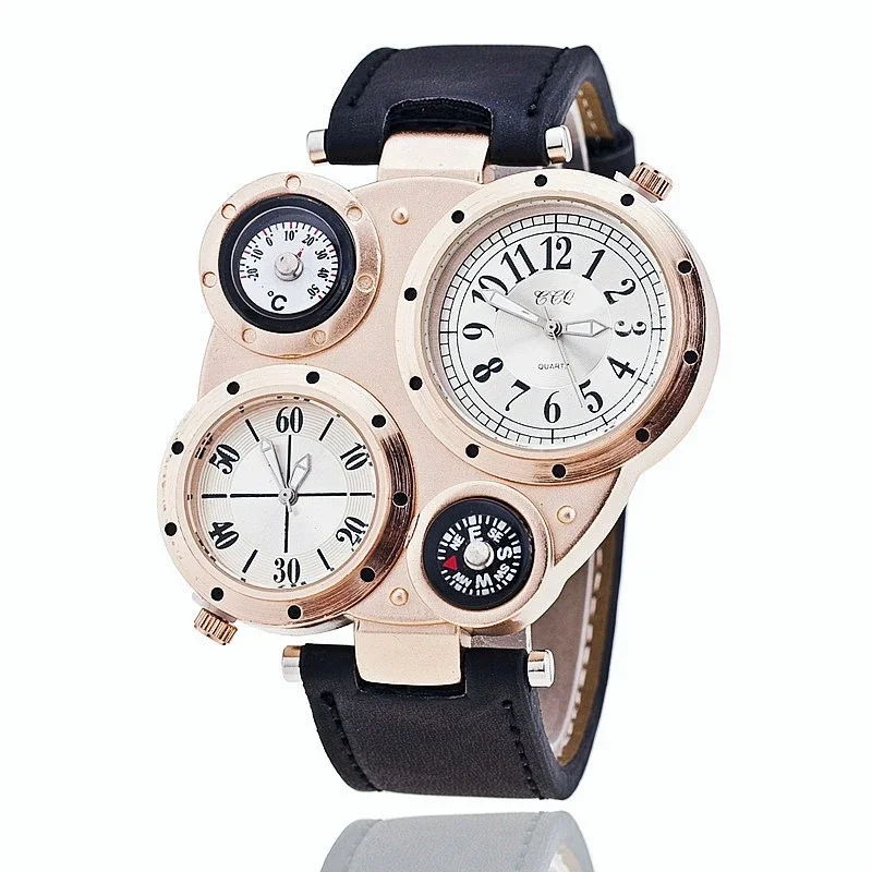 New Men Sports Watches Fashion Multi-dial Temperature Compass Military Watch for Men Leather Quartz Wristwatch Luxury Male Clock