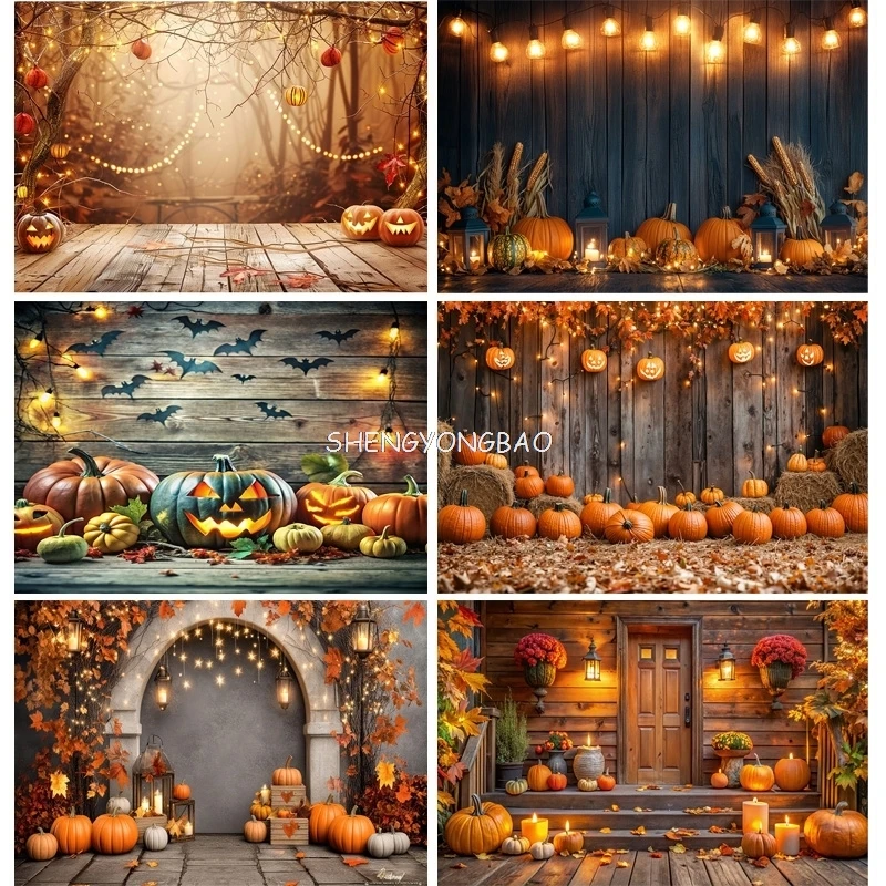 

Halloween Day Autumnal Pumpkins Photography Backdrops Props Maple Leaf Scarecrow Farm Harvest Thanksgiving Background RR-18