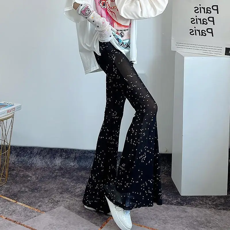 

Mesh Trousers for Women 2023 New Spring Summer Perspective Stretch High Waist Blingbling Shiny Black Flare Pants Mopping Floor