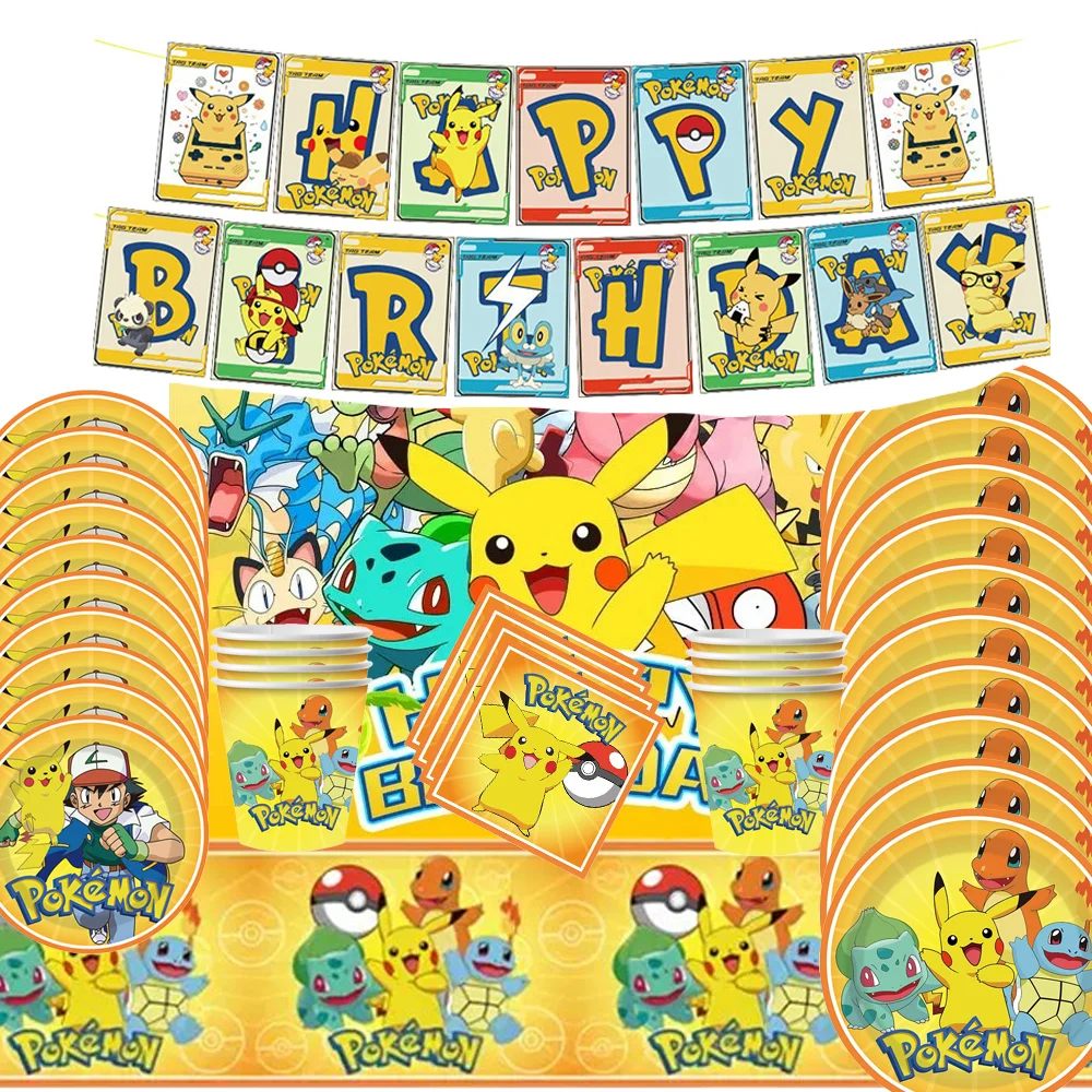 Pokemon Teller- und Becher-Set, Pikachu Geburtstagsparty-Dekoration Einweggeschirr, Tischdecke, Pappbecher, Banner