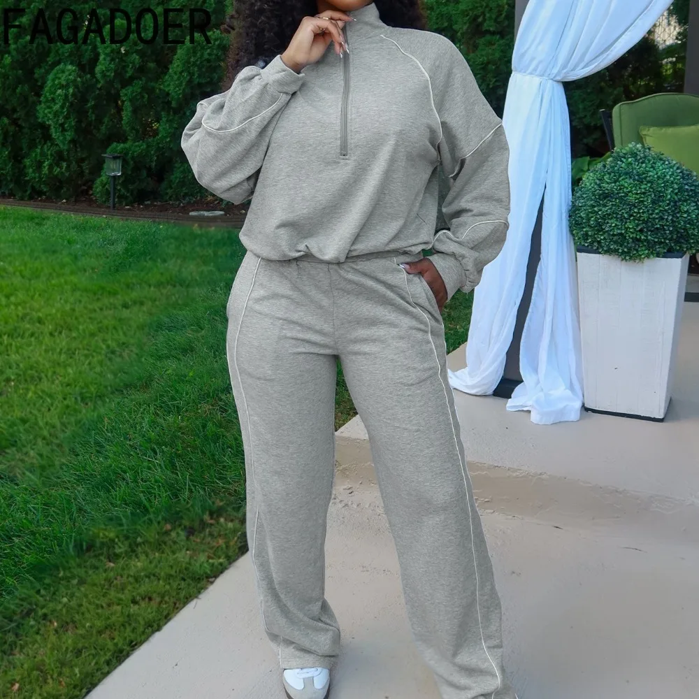 FAGADOER Casual Two Piece Outfits Woman Solid Color Zipper Long Sleeve Crop Top and Pants Matching Suit Female Streetwear New