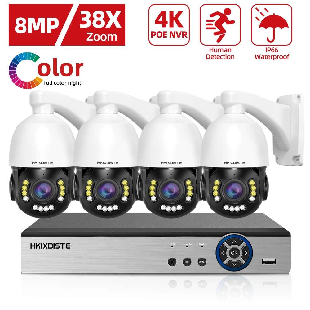 

Color Night Vision POE CCTV Camera Security System PTZ 4K 8CH NVR Auto Tracking 38X Zoom Two-Way Audio 8MP IP Camera Video Surve