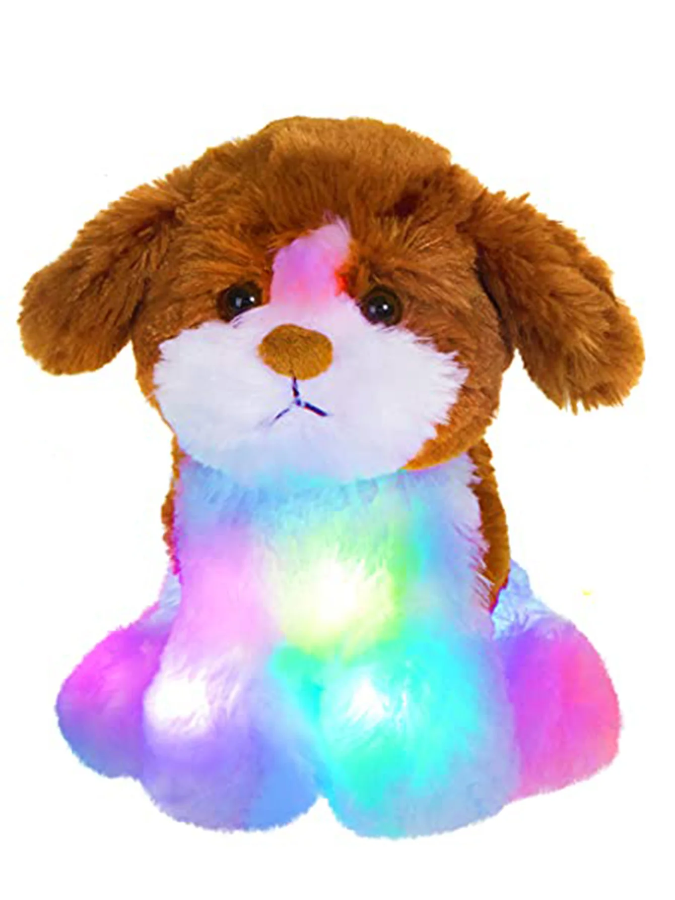 ตุ๊กตาหนานุ่มแบบนุ่มสำหรับสุนัขยัดไส้ด้วยไฟ LED ตุ๊กตามือรูปสัตว์เรืองแสงสำหรับสุนัขของขวัญวันเกิดวันคริสต์มาสสำหรับเด็ก