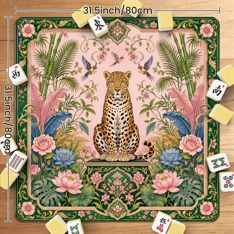 VIKAMA Leopard Flower Mahjong Tischmatte Rutschfest Geräuscharm Verschleißfest Quadratische Spieltischabdeckung Retro Heimdekoration – Detail 1