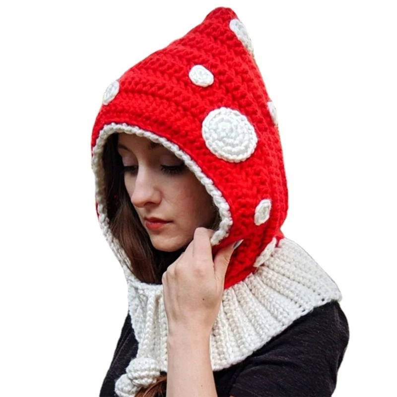 Mushroom Hat Hooded Hat Scarf Knitted Beanie Hat Knit Earflap Beanie Winter Neck Protection Hat One-piece Hat Crochet Dropship