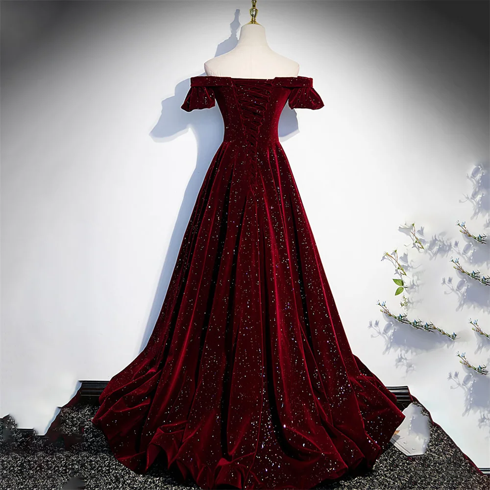 Lily Burgundy Velvet Charming Prom Dress Gown Off the Shoulder Formal Gown A Line Glitter Shiny Evening Gown vestidos de noche