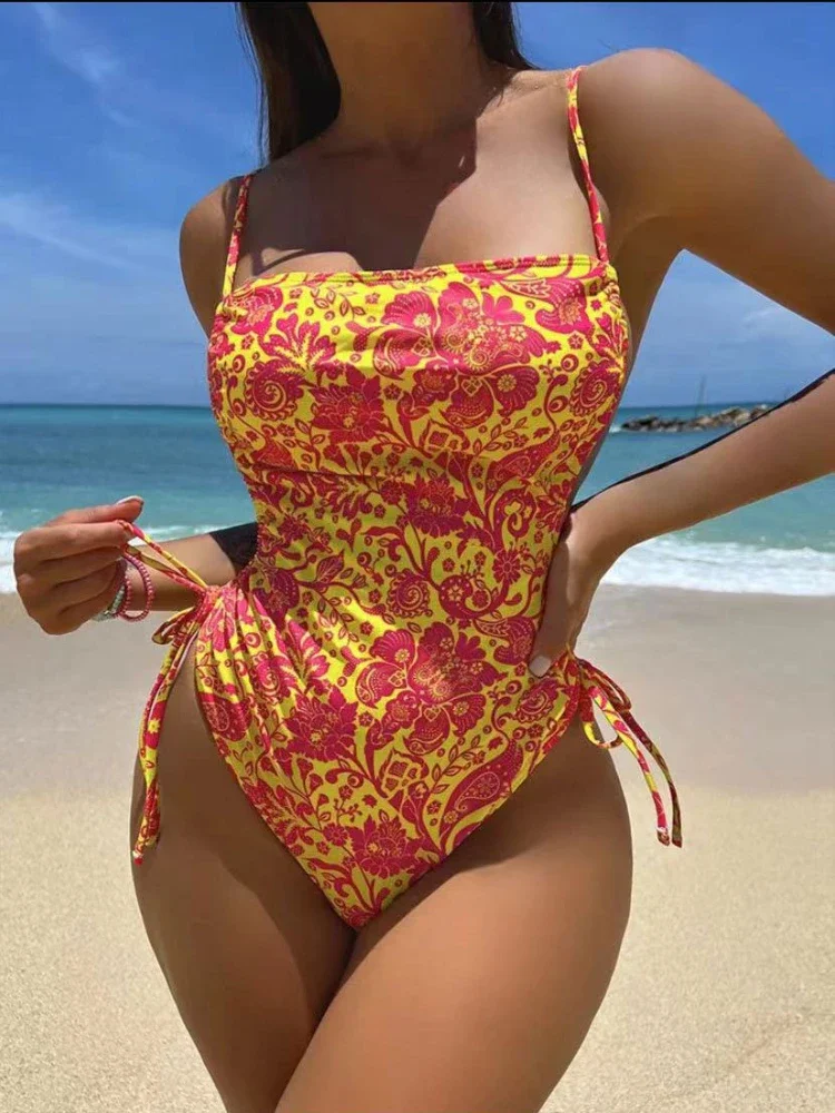 

Summer Beach Women's Bikini One Neck Halter Backless Hollow Drawstring High Waist Printed Slim Fashion Female Trendy Swimwears