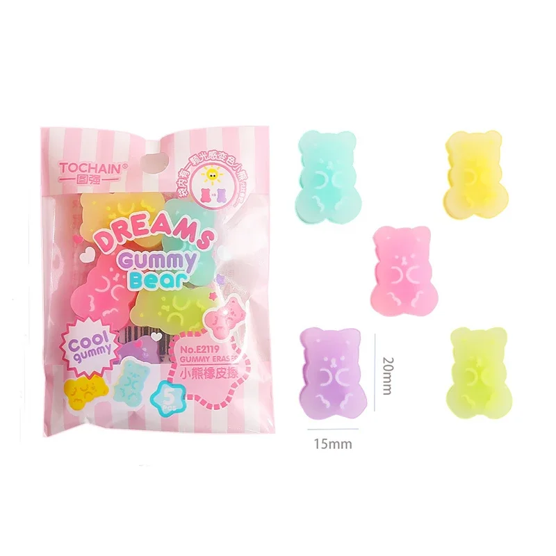 Bear Jelly Color Mini Lápis Borracha Borrachas, Ferramenta de Correção, Papelaria Coreana, Material de Escritório, Presentes Infantis, Kawaii, 5Pcs