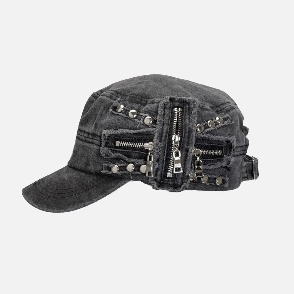 Punk Rivet Zipper Decorated Baseball cap Unisex Artistic Retro Casual Wased Jeans Versatile Breathable Flat Top Hats for Women
