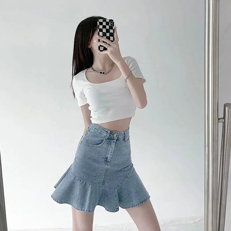 

Women's Denim Skirt Blue Wrap Female Jeans Skirts Ruffle Tight Clothing Trend 2025 Korean Fashion Summer New in Aesthetic Cheap