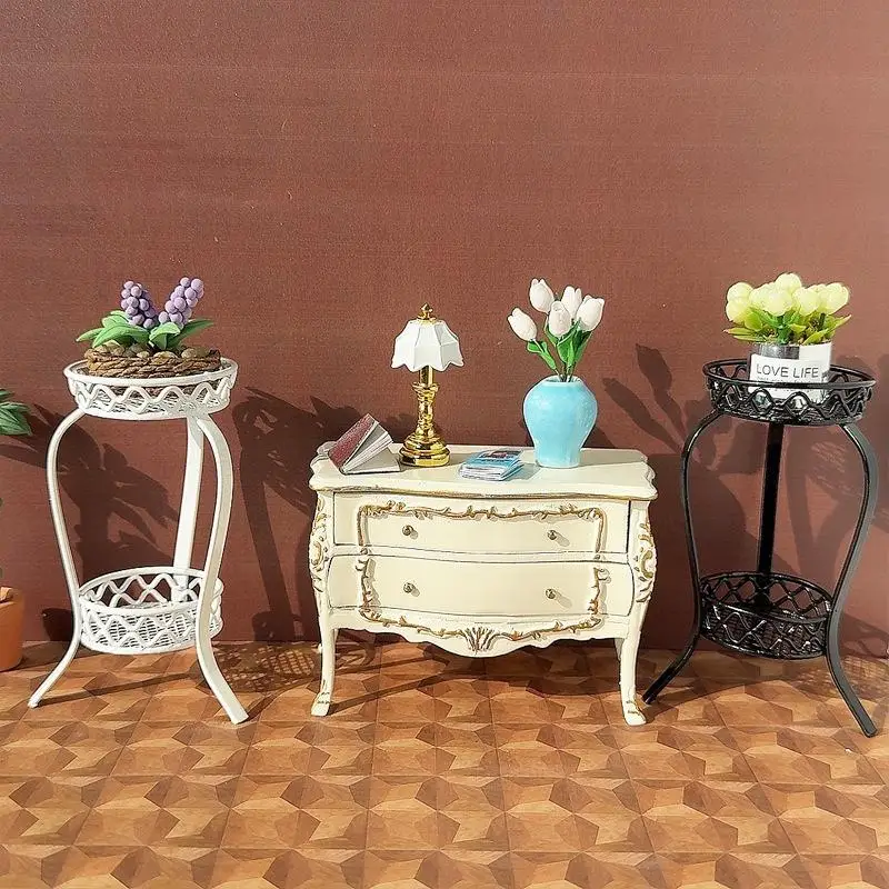 1 Stuks 1:12 Poppenhuis Simulatie Miniatuur Ijzer Dubbellaags Bloem Stand Ronde Opbergrek Model Voor Poppenhuis Accessoires