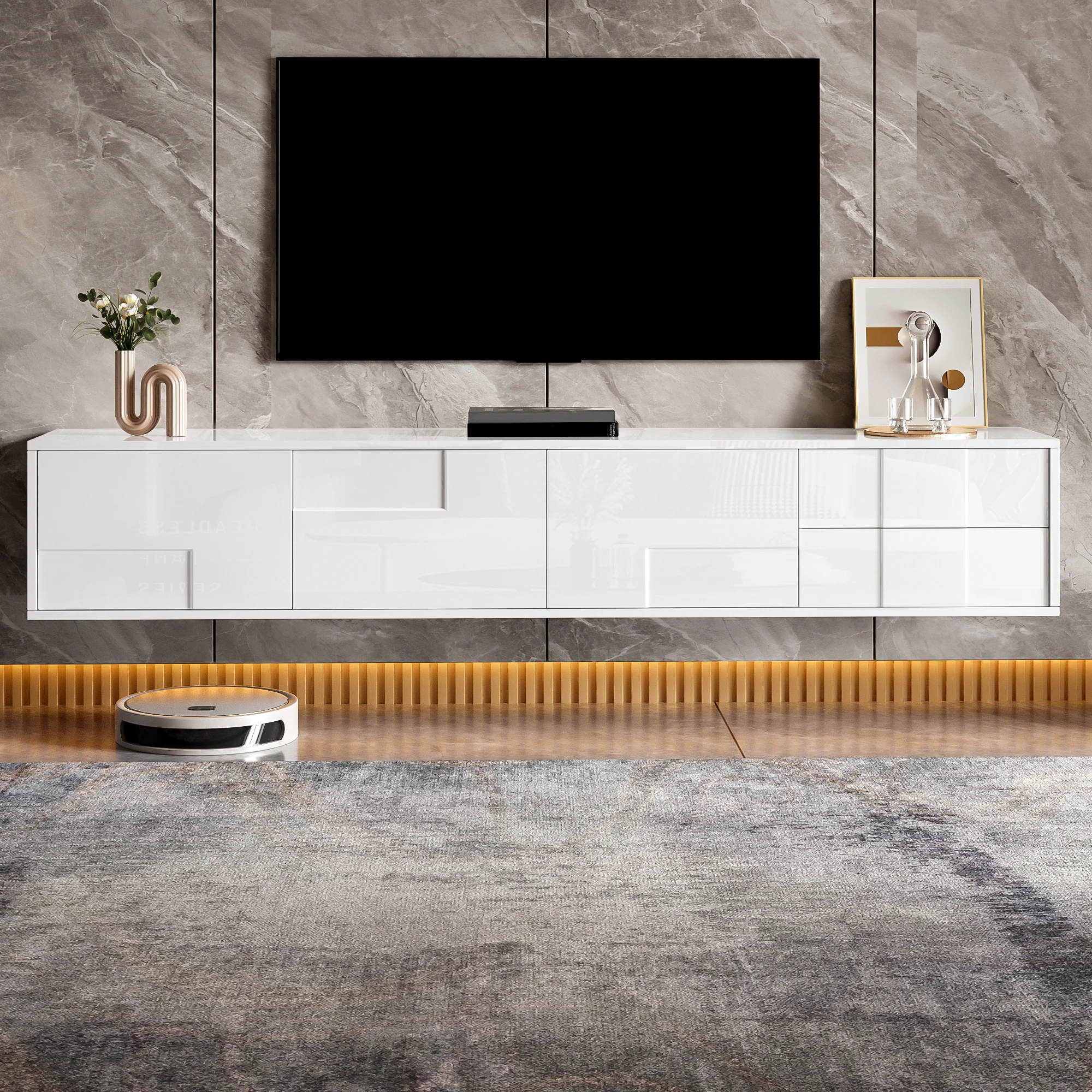 Meuble TV blanc moderne, 170 cm, flottant ou autoportant, surface entièrement brillante, beaucoup d'espace de rangement pour le salon