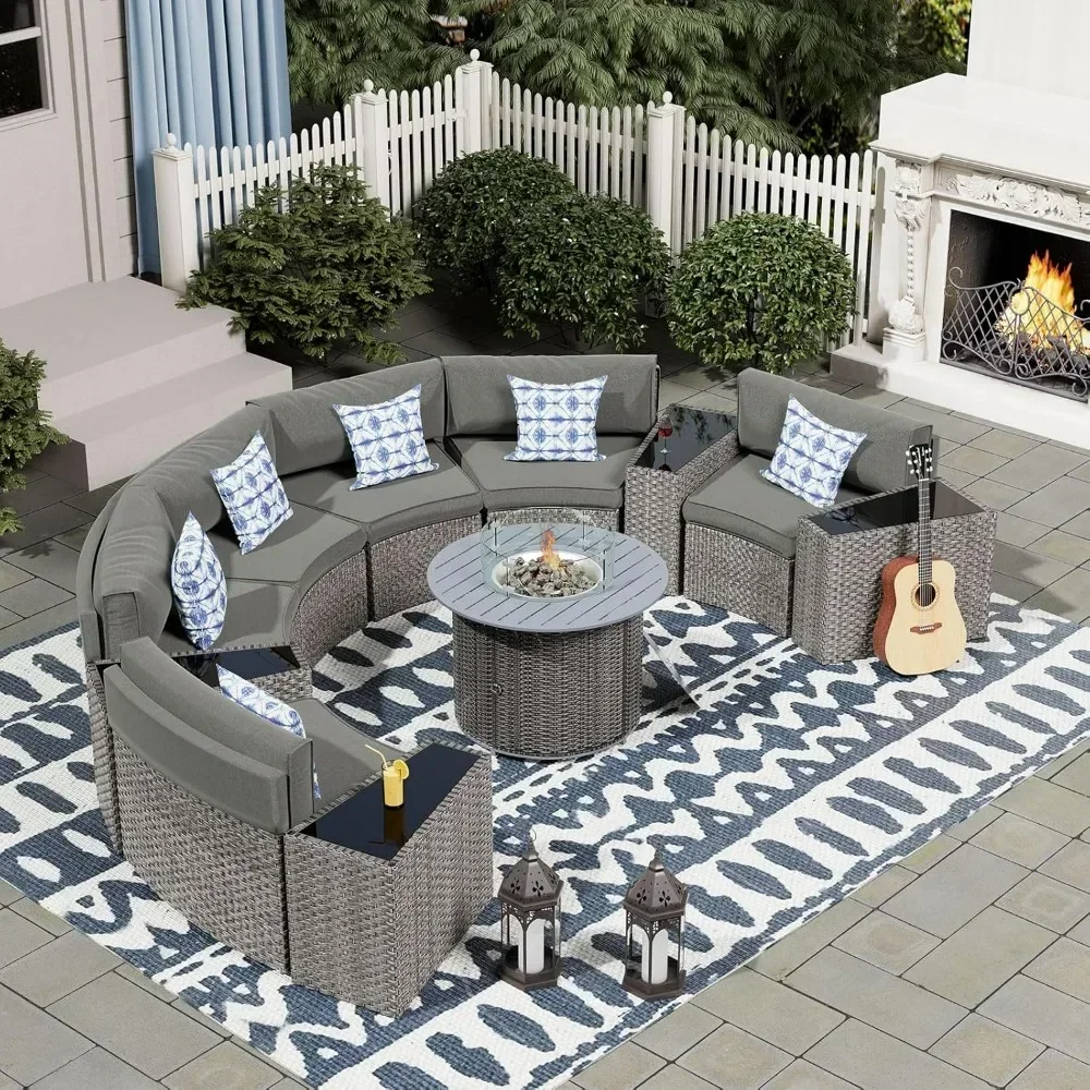 

Patio Furniture Set with Fire Pit Table,Integrated Outdoor Sectional 11 Pcs Rattan Modular Curved Sofa Set with Propane Fire Pit