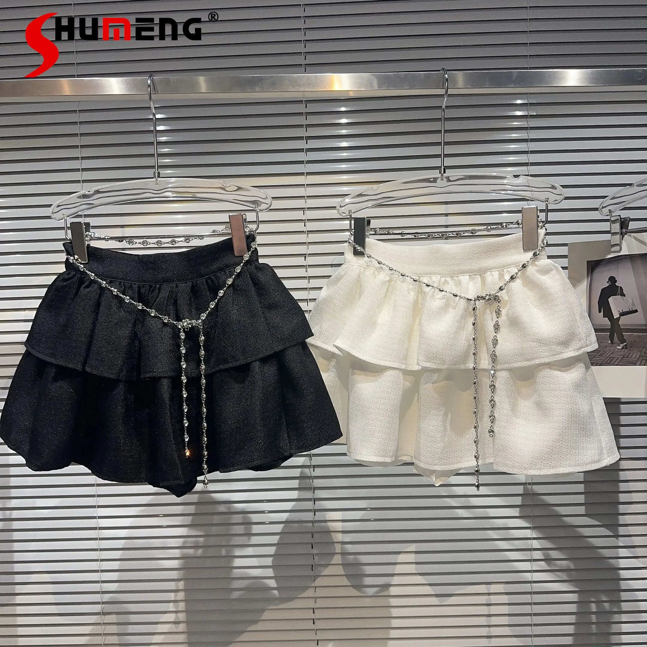 

2023 Autumn New Rhinestone Waist Chain Double Layer Cake Dress Short Skirt for Women All-matching Mini Pettiskirt Skirt