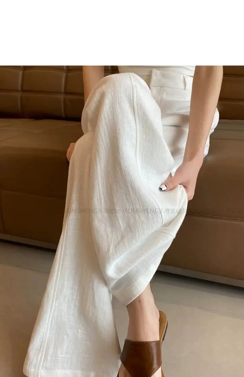 White Ramie Wide-leg Pants Women's Summer Thin High Waist Drape Old Money Style Suit Straight Sub-cotton and Linen Casual Pants