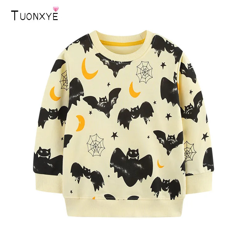 TUONXYE Boys Cotton Sweatshirt Halloween Pumpkin Bat Print Crew Neck Long Sleeve Pullover Kids Casual Fall Tops Autumn Clothes