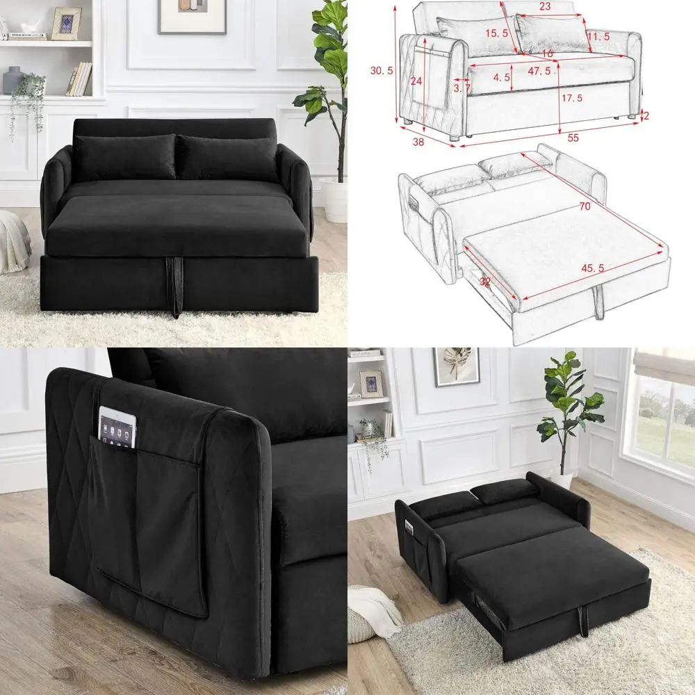 

Convertible Velvet Sleeper Sofa with Pull Out Bed, Folding Loveseat Couch, Side Storage Pockets, Pillows for Living Room Comfort