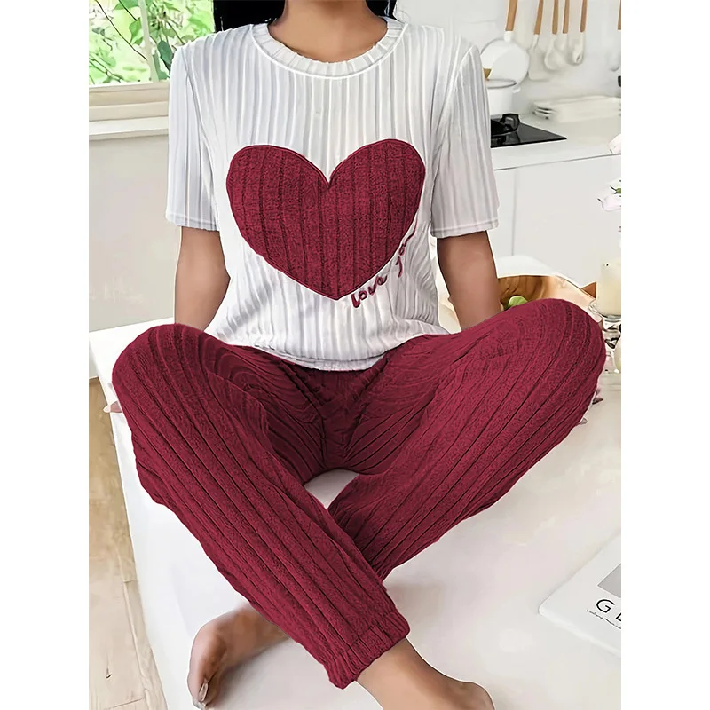 

Sweet Heart Print Sleepwear Set Women's round Neck Short Sleeve Home Clothes Comfortable Summer Pyjamas Two-Piece Suit