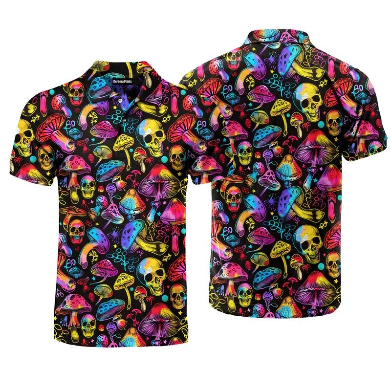 

Psychedelic Mushroom Polo Shirt For Men Colorful Plant Jellyfish Full Over Print Short Sleeve Lapel Golf Shirts Summer Mens Top