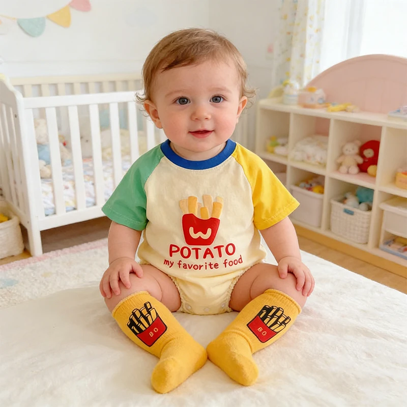 Sommer-Baby-Kurzarm-Strampler mit Niedlichem Pommes-Frites-Druck Neugeborenen-Dreieck-Overall Säuglings-Bodysuit