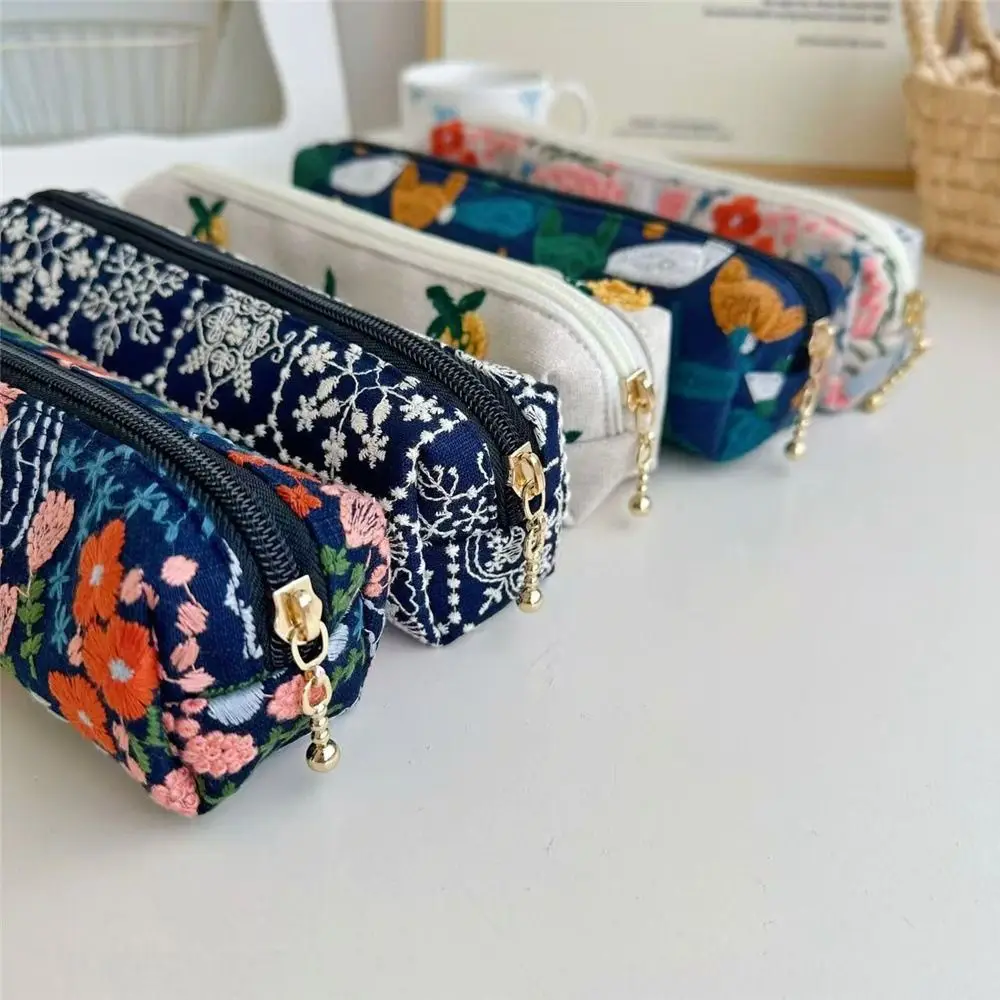

Flower Embroidered Pencil Case Print Desktop Storage Korean Style Pen Bag Ethnic Style Large Capacity Pencil Pouch Student