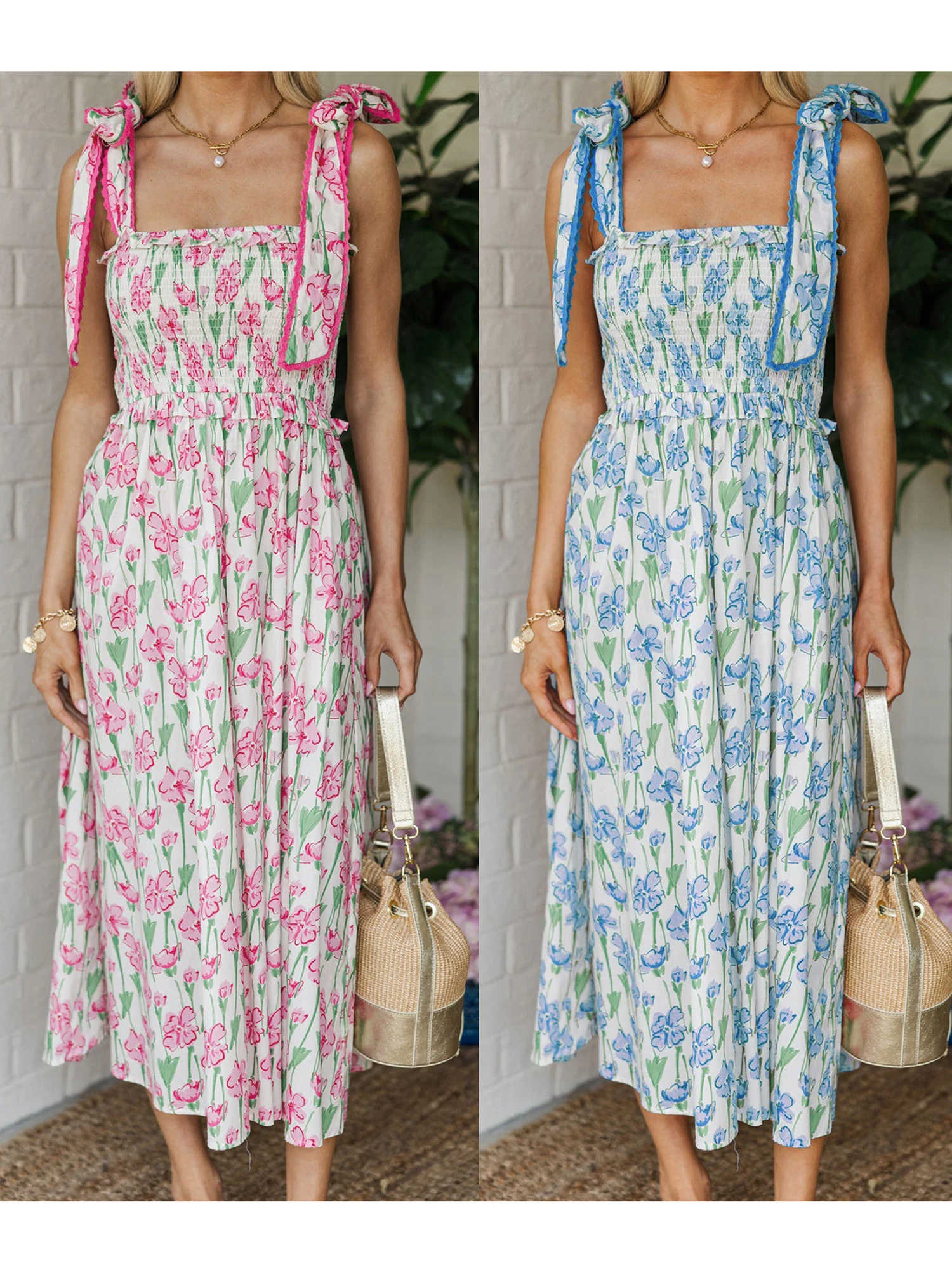 Floral Print Ruffle Sleeve V-Neck Wrap Dress with Tie Waist and High Low Hemline for Women Summer Beach Party