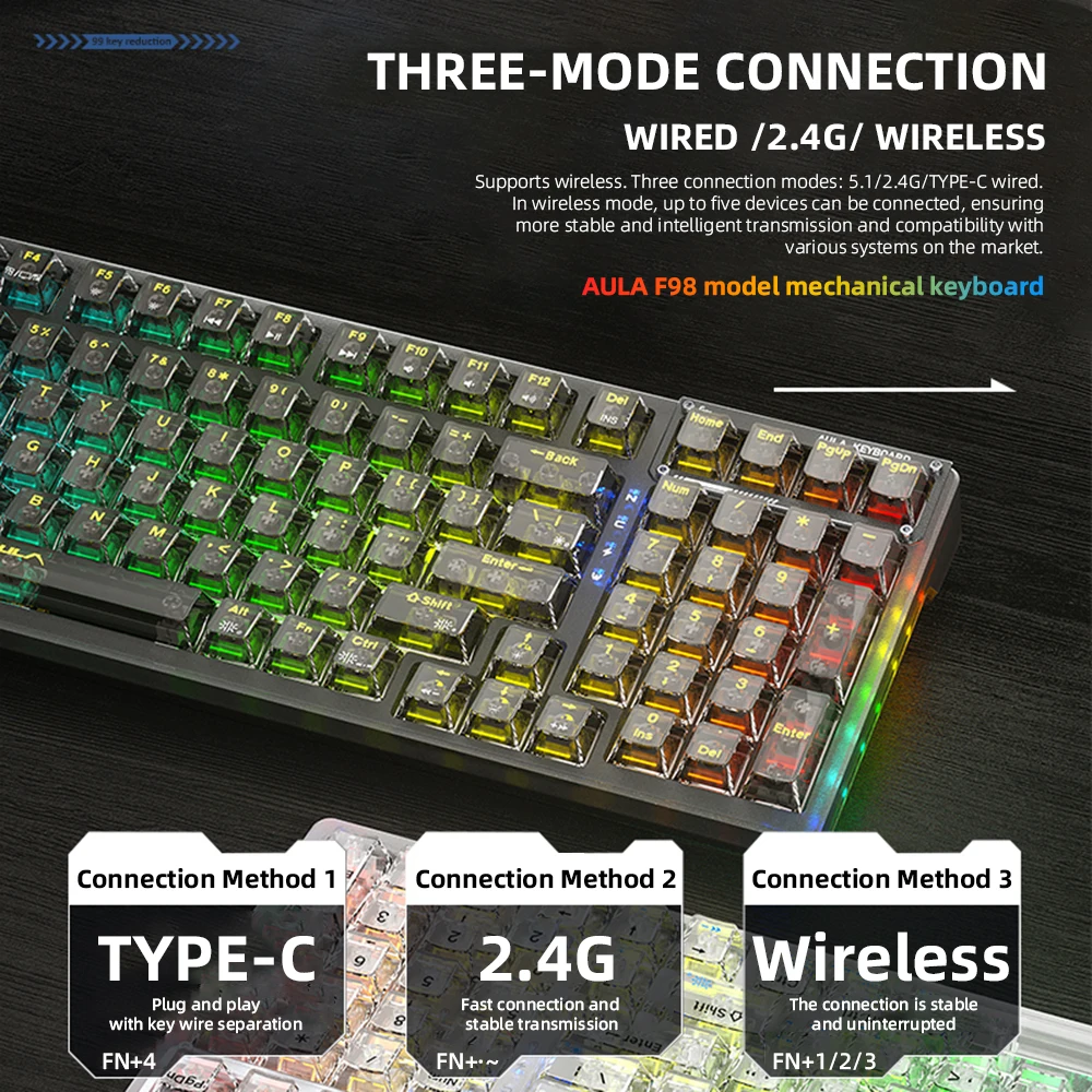 لوحة مفاتيح ألعاب لاسلكية AULA F98 مع BT5.0/2.4G/USB-C بطارية قابلة للاستبدال بقدرة 4000 مللي أمبير في الساعة لوحة مفاتيح ميكانيكية كاملة الحجم للكمبيوتر الشخصي Xbox PS5 #5