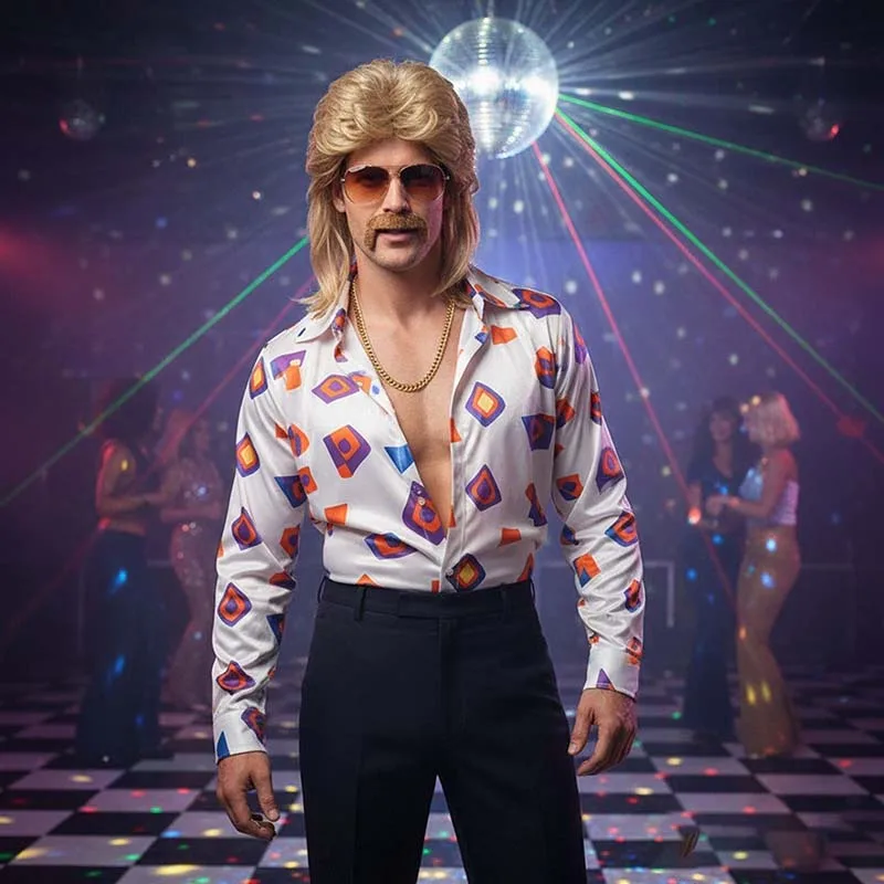 80s Disco Synthetic Wig Set Golden Brown Wigs Sunglasses Gold Chain Mustache for Men Retro Rock Halloween Party Fancy Accessory view 2
