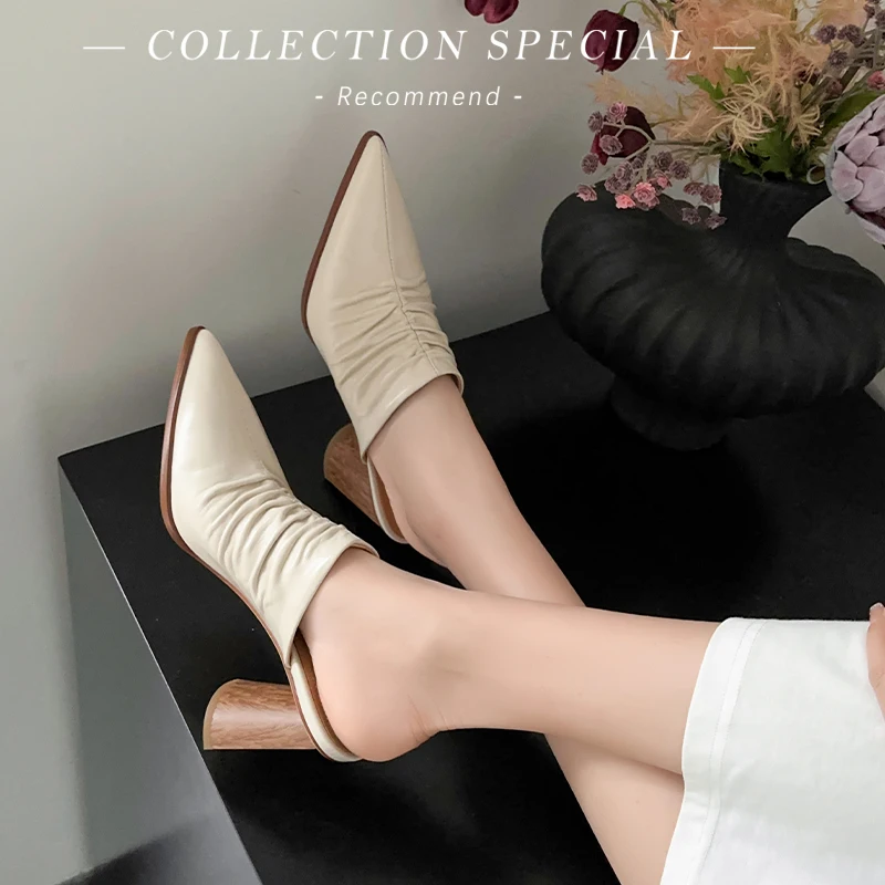 Womens Retro mules Lady Pumps basic style shoes natual Leahter french style Pleatede mullers Women Spring  autumn footwear