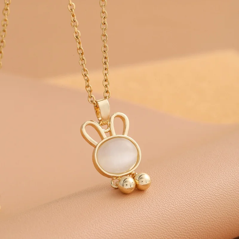 Japanese and Korean Titanium Steel Bunny Necklace Ins Opal Pendant Clavicle Chain Special Interest Light Luxury Simple Necklace