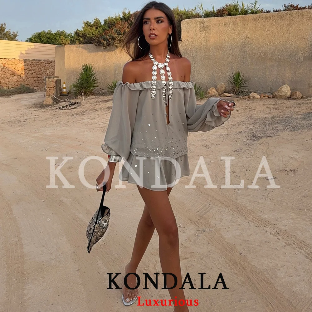 KONDALA Sexy Schickes Pailletten-Partykleid für Damen Langarm Schulterfrei Mini-Chiffonkleid Mode 2026 Sommer Herbst Urlaubskleid – Detail 2