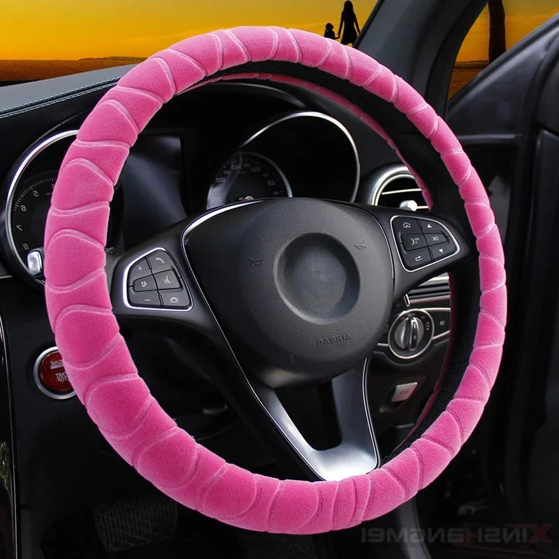 Car Steering Wheel Cover Universal 37-39cm Pink Soft Warm Plush Steering Wheel Cover for Winter Steering Wheel Interior Parts