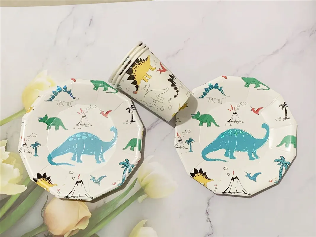 8Pcs Paper Polygon Disposable Dinosaur Paper Plate Cup Children's Dinosaur Theme Happy Birthday Party Baby Shower Decor Supplies