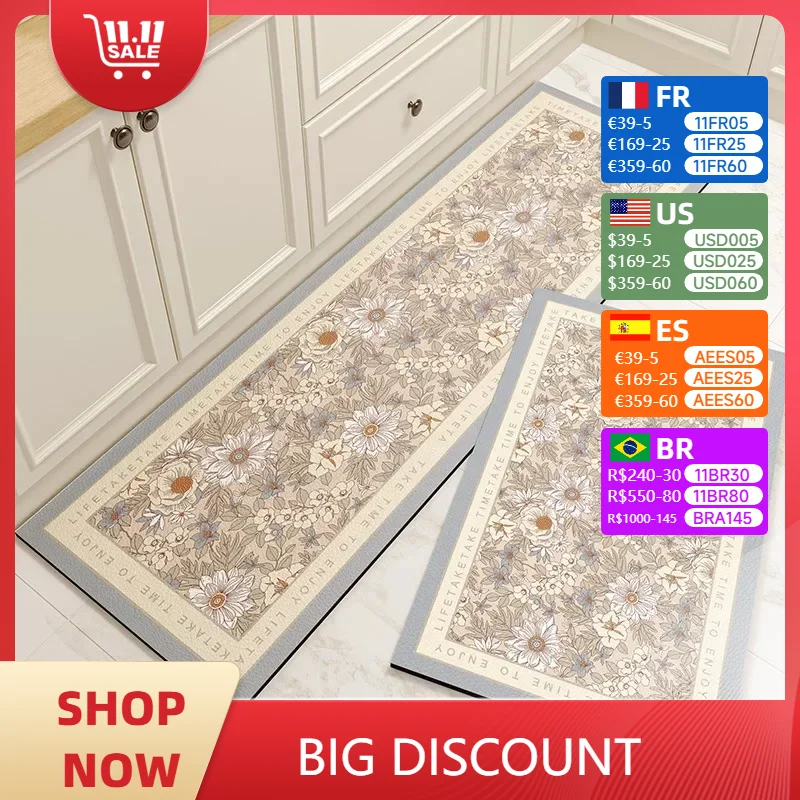 Kitchen Pvc Floor Mat Leather Waterproof Non-slip Carpet Oil-proof Foot Mats Pink Flower Pattern Home Decoration Rug Vinyl Rugs