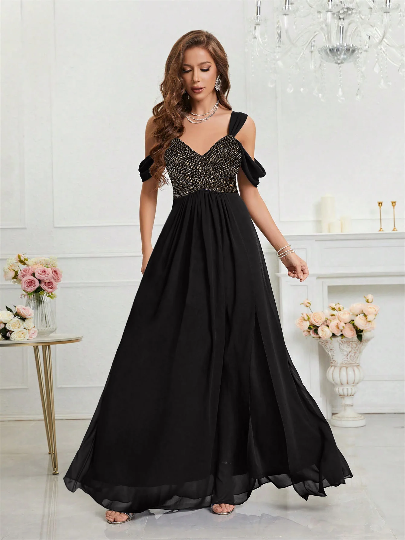 

UNITHORSE Elegant Sequin Patchwork Split Chiffon Formal Dress, Bridesmaid Dress