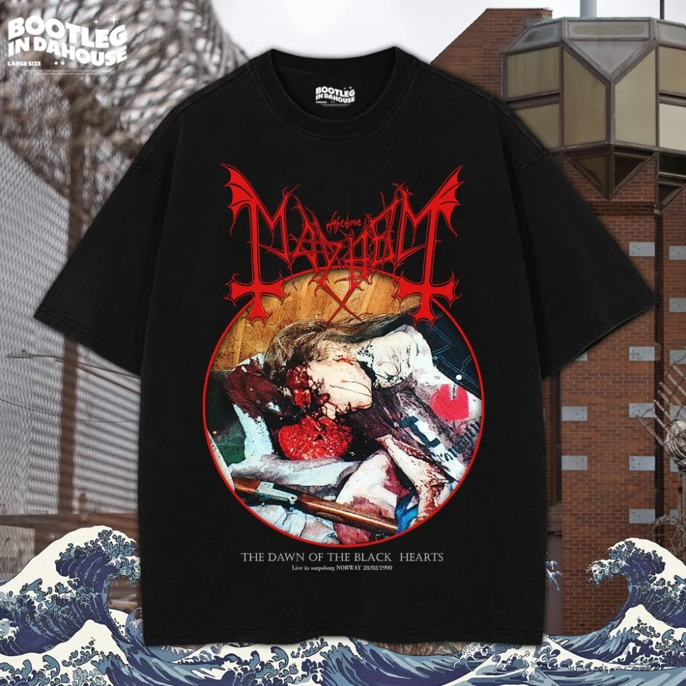 

2025 New Mayhem Hem Hem Band Perimeter Short Sleeve T-shirt Men Women Loose Norwegian Y2k Black Metal Rock Band Half Sleeve